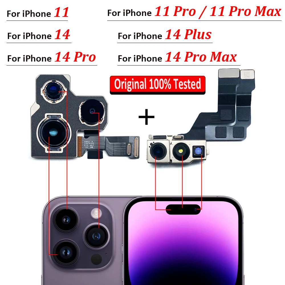 Фото Модуль камеры заднего вида для iPhone 11 14 Pro Max, оригинал, 100% протестирован, гибкий + фронтальная камера, Замена для IPhone 14 Plus №1