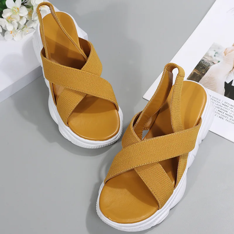 New 2022 Summer Wedge Heel Thick Sole Stretch Cloth Women's Sandals Casual Sports Sandals Women