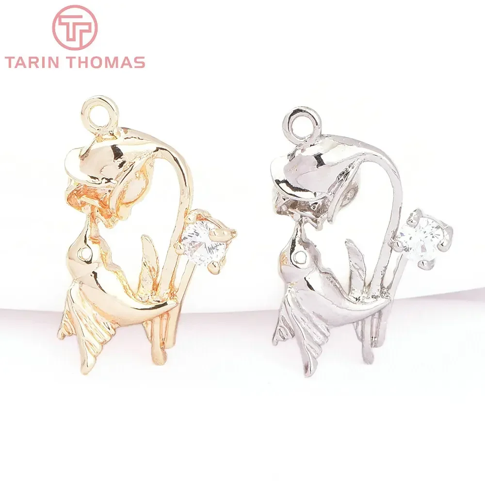 (8064) 6 шт. 14x19 мм 24-каратное золото латунь с цирконом подвески в форме цветка