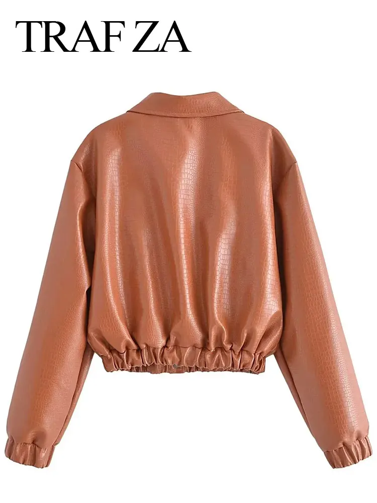 TRAF ZA Womens Pu Leather Jacket Crocodile Pattern Pocket Button Lapel Long Sleeve Coats Fashion Female Punk Vintage Jackets