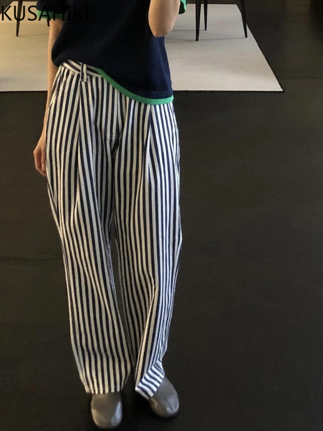Корейские универсальные ретро брюки kusхитки с высокой талией и вертикальными