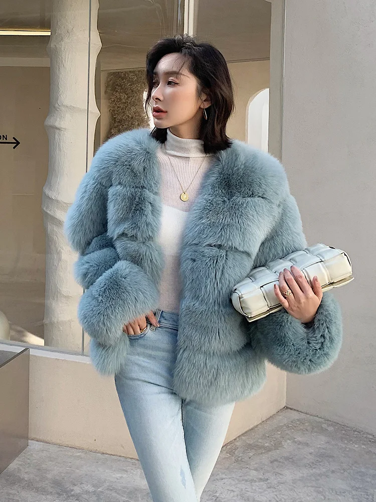 Enlarge Imported Whole Leather Fox Fur Coat Elegant Green Real Fur Coat Covered Button Women's Loose Warm Fur Jacket Winter New Luxury