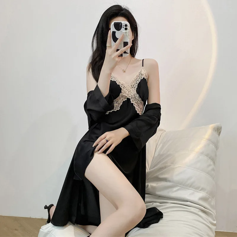 Ночная сорочка с кружевной отделкой халат Летний Новый женский комплект ночной