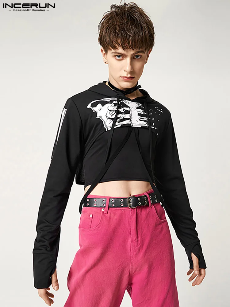 

INCERUN 2022 Fashion Men Sweatshirts Printing Hooded Long Sleeve High Street Crop Tops Punk Style Irregular Hoodies Men S-5XL