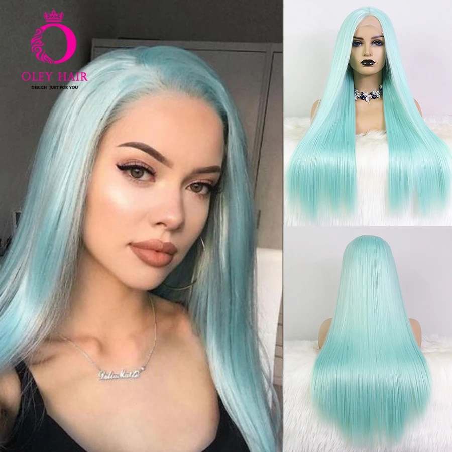 Sky Blue Synthetic Lace Front Wig Long Straight  High Temperature Fiber 24 Inch Lolita/Cospaly Wigs For Black Women OLEY