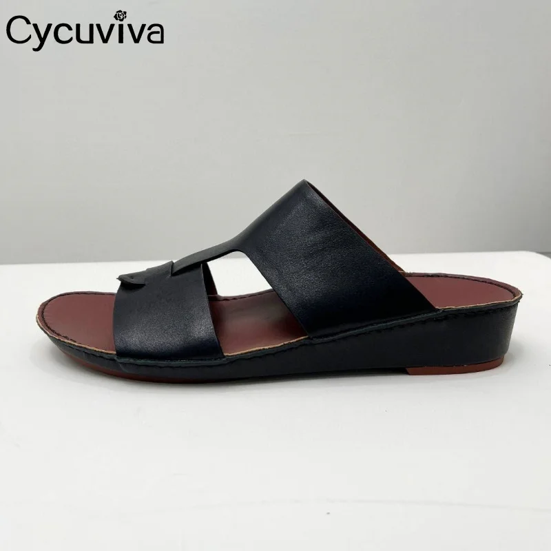 Летние Брендовые мужские шлепанцы на плоской подошве открытые кожаные с