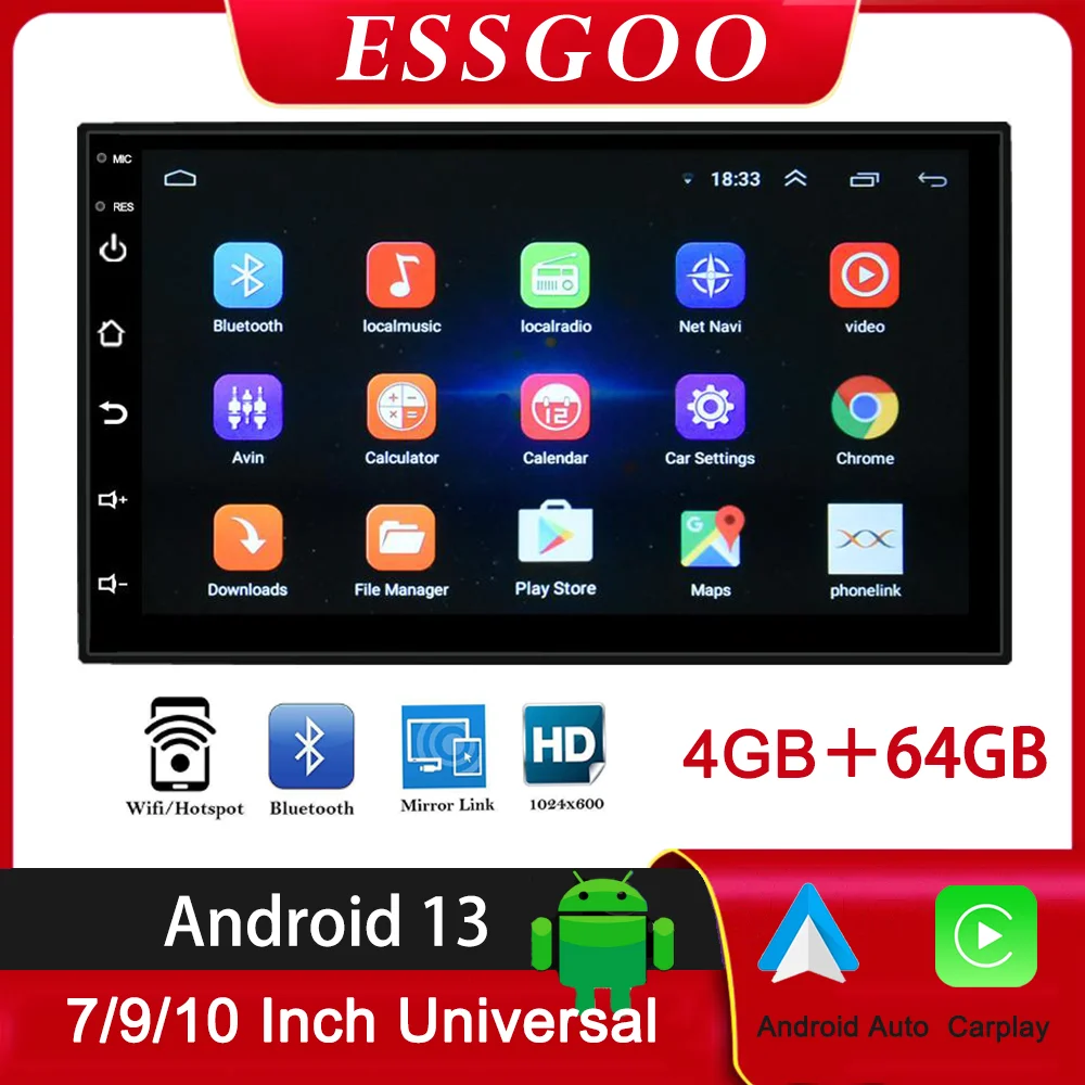 

ESSGOO Android 13 Car Radio Autoradio 64G 2 Din 7"/9"/10" Universal WIFI GPS Car Audio Multimedia Player For Nissan Toyota Kia