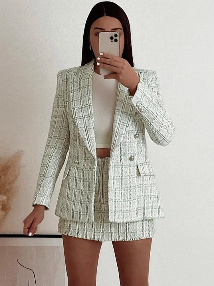 

Suits For Women 2023 Office Elegant Checked Tweed Shorts Sets Double Breasted Blazer And Frayed Hem High Waist Skort 2 Piece Set