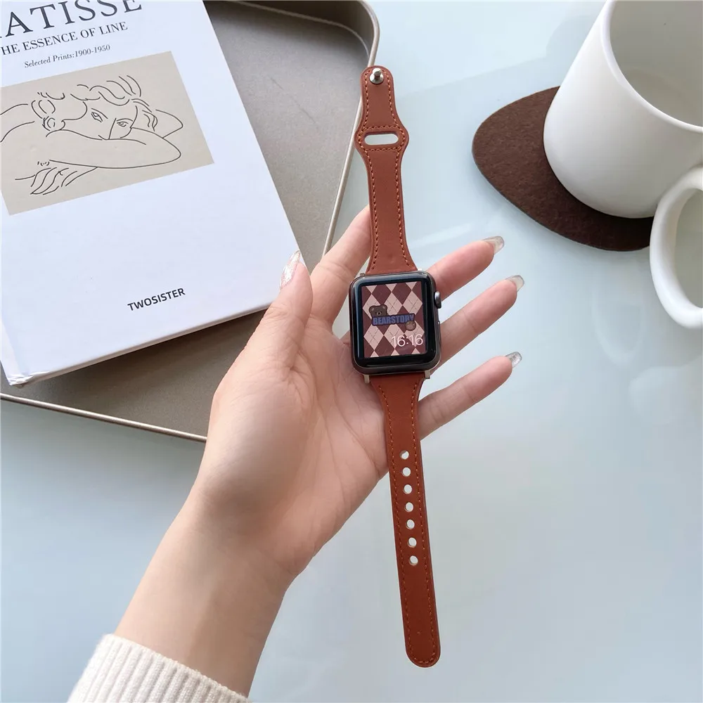 

Leather strap For Apple watch band 40mm 44mm 45mm 41mm 38mm 42mm Slim watchband bracelet iWatch series 7 6 5 3 8 ultra 49mm band