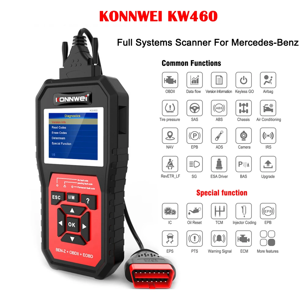 KONNWEI KW460 Car Auto Diagnostic Tool OBD2 Scanner Full System For Mercedes Benz Code ABS Airbag Oil ABS EPB DPF SRS TPMS Reset