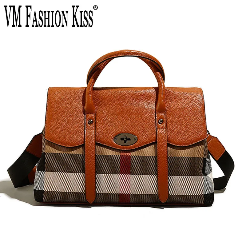 

VM FASHION KISS классическая женская сумка в полоску для боулинга из 100% натуральной кожи + холщовая Большая вместительная сумка через плечо для же...