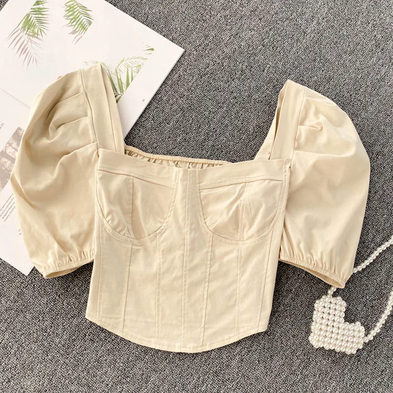 

Summer Casual Top Solid Color Square Neck Short Sleeves 2022 gray