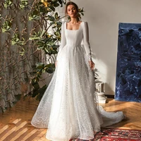 monica vintage wedding dress for women square collar full sleeve backless bride gown a line floor length court robe de mariee