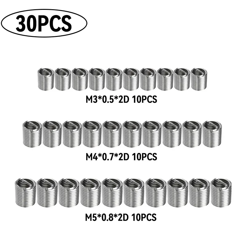 

30Pcs M3 M4 M5 *2D Thread Repair Kit Set Threaded Insert 304 Stainless Steel Wire Screw Sleeve for Hardware Repair Tools