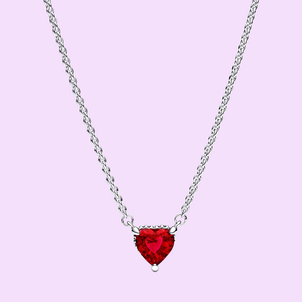 925 Silver Sparkling Red Heart Shaped Necklace fit for Pandora Engagement Trendy Ladies Jewelry Gift