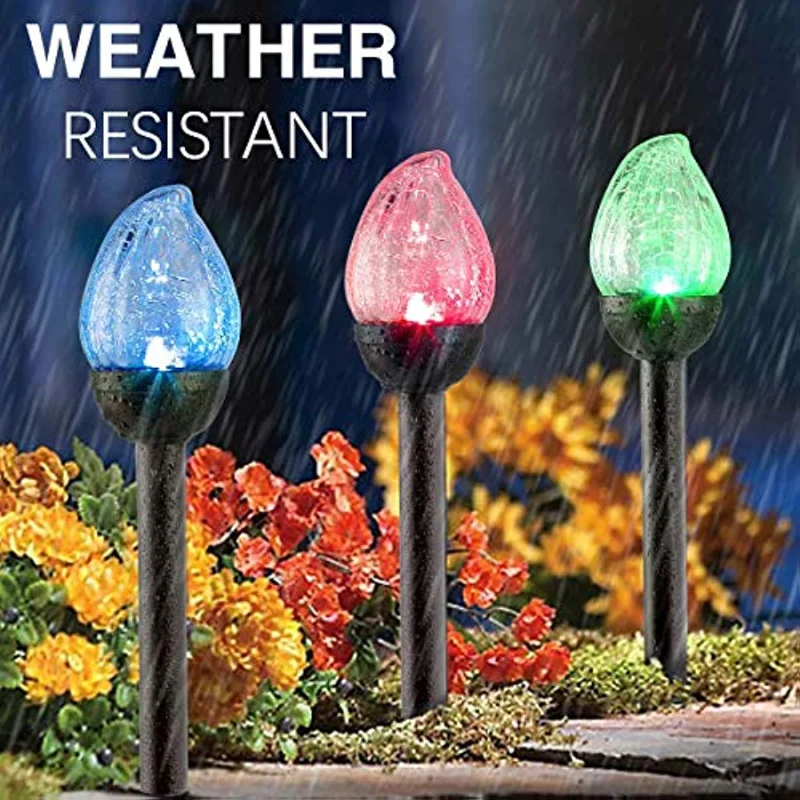 Outdoor Solar Lights Cracked Glass Flame Shaped Garden Changing  LED Lamp for Patio Yard Garden Pathway Lighting