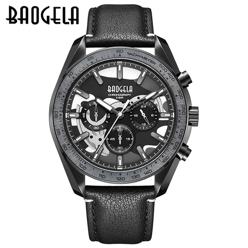 BAOGELA New Luxury Men Sport Quartz Male Chronograph Calendar Japan Movement 50Bar Top Brand Clock Genuine Leather Wristwatch