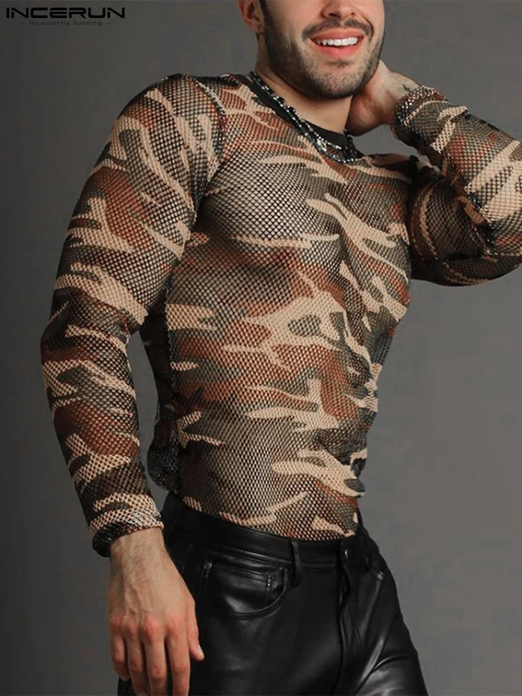 

Men T Shirt Camouflage Print Patchwork O-neck Long Sleeve Mesh Transparent Sexy Men Clothing Fitness Casual Camisetas INCERUN
