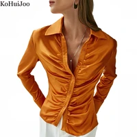 kohuijoo fashion woman blouses 2022 long sleeve formal slim solid satin bright turn down collar shirt women pleat office tops
