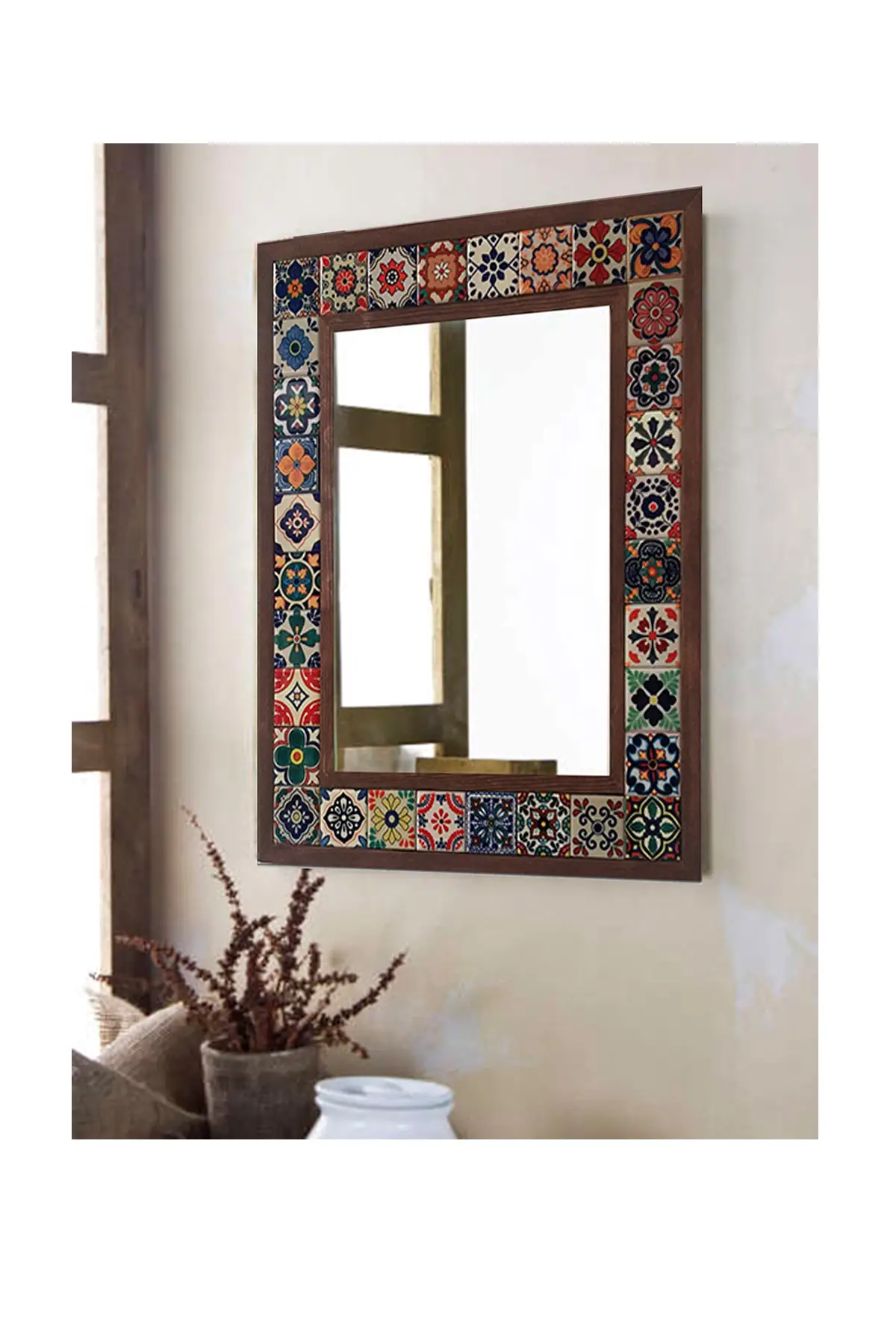 Patterned Ceramic Tile Wooden Mirror Decorative Wall Console 42x52 Cm Furniture Full Body Length Decor Bathroom Made In turkey