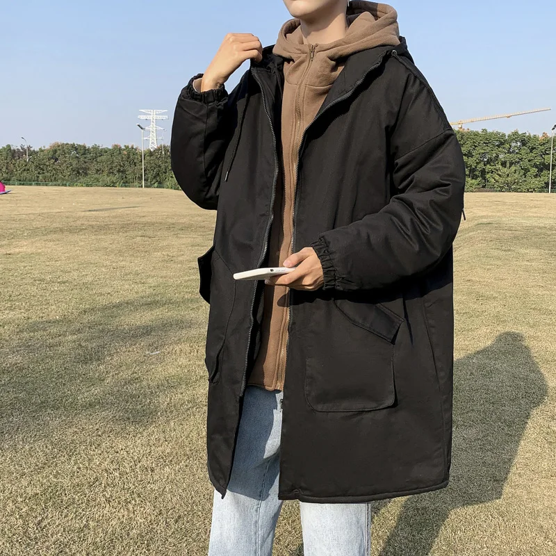 Fake Two Pieces Parkas Men's Medium Hooded High Street Harajuku Zipper Freight Fashion Winter Thickened Coat Korean Windbreaker