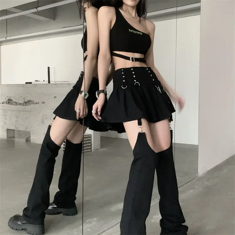 

Skirts With Trouser Legs Gothic Solid High Waisted A-Line Mini Skirts Preppy Style Cool Streetwear Fashion