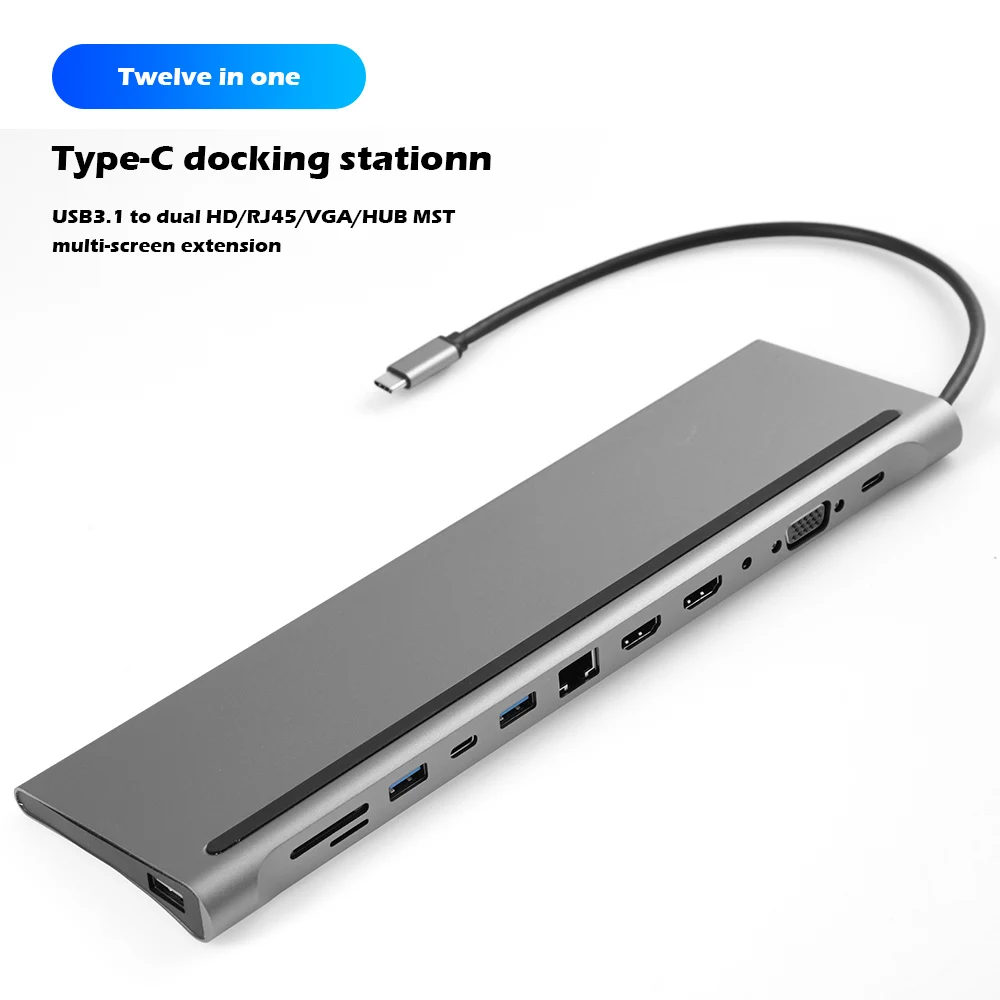 

12 in 1 Type-C Hub USB3.1 to Dual HDMI-Compatible RJ45 VGA HUB MST Data Port Type-C Smart Docking Station for Notebook
