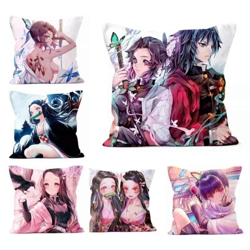 

Anime Cartoon Pillowcase Demon Kochou Shinobu Slayer Cushion Cover 45x45 Anime Character Pillow Cover Bedroom Home Decor DF1671