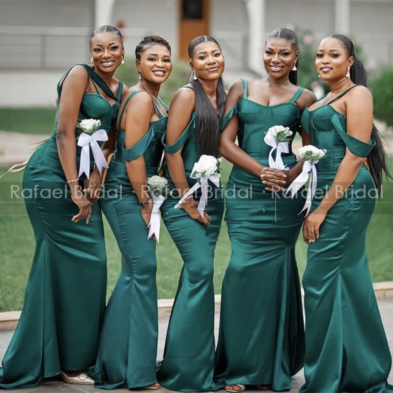 

Spaghetti Off Shoulder Bridesmaid Dresses Mermaid Long Emerald Green Plus Size Girls Long Trumpet Wedding Guest Dress Party