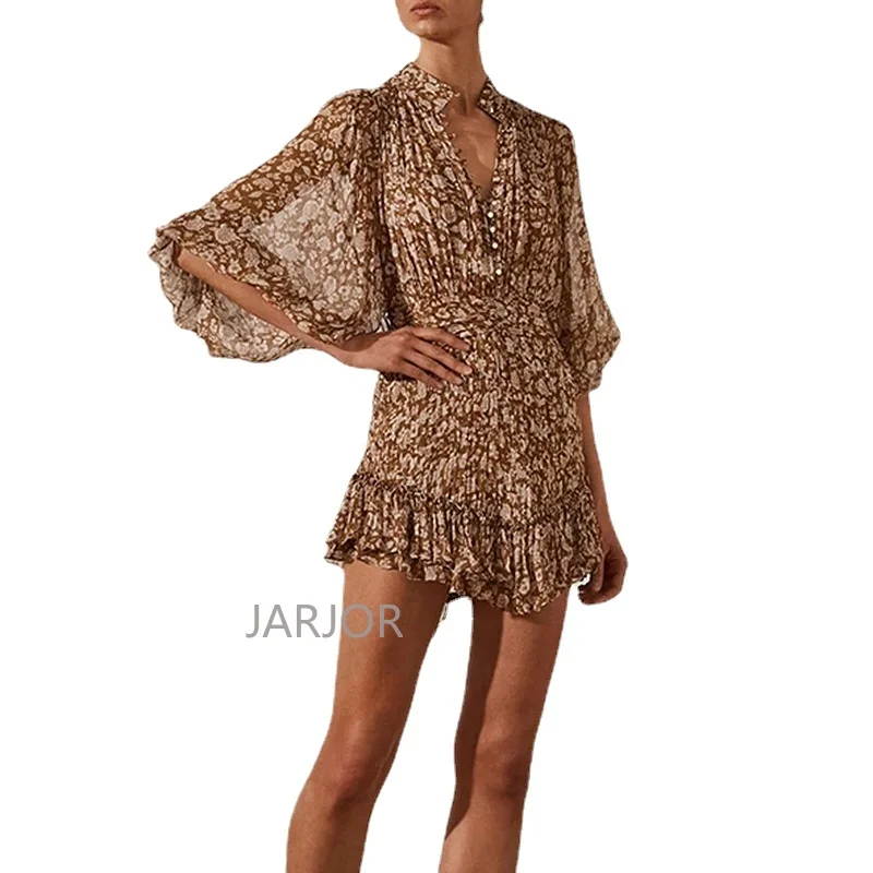 

Print Vintage Chiffon Dress 2022 Summer Autumn New Single-row Buttoned Pleated Stitching Lantern Sleeve Hip Dress Mini Dress