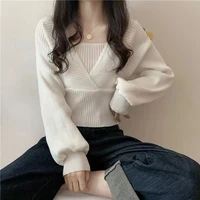 autumn new fake two piece fashion puff sleeve square collar short knitted bottoming shirt womens solid color casual sweater