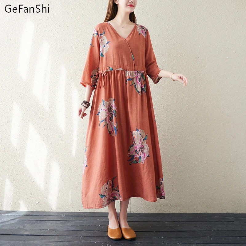 

New Summer Half Sleeve Cotton Linen Fashion V-neck Floral Print Dress For Women Casual Loose Elegant Ladies A-Line Dresses