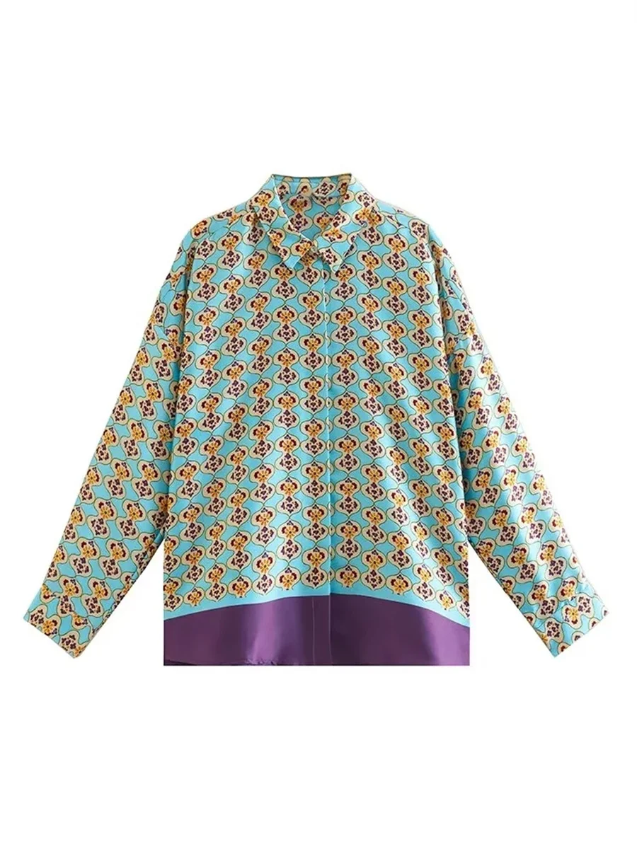 

Женская атласная рубашка с геометрическим принтом, прямая Повседневная рубашка с длинными рукавами и отложным воротником, лето 2022