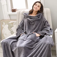 winter pocket hooded blankets hoodie soft robe bathrobe pullover tv sofa throws flannel fleece blanket sweatshirt with sleeves