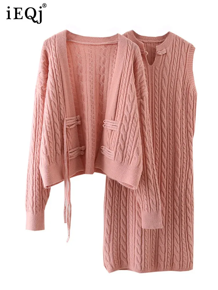 IEQJ однотонное минималистичное женское платье из 2 предметов с круглым вырезом