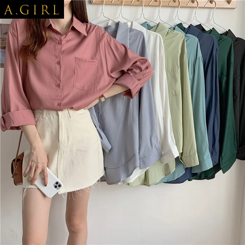 

Shirts Women Solid Simple Colorful Tops Mujer Elegant Pockets Clothes Classic Stylish Vintage Sweet Students Autumn New Basic