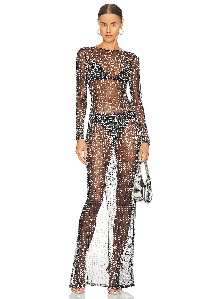 Сексуальное длинное прозрачное Сетчатое платье с круглым вырезом и кристаллами