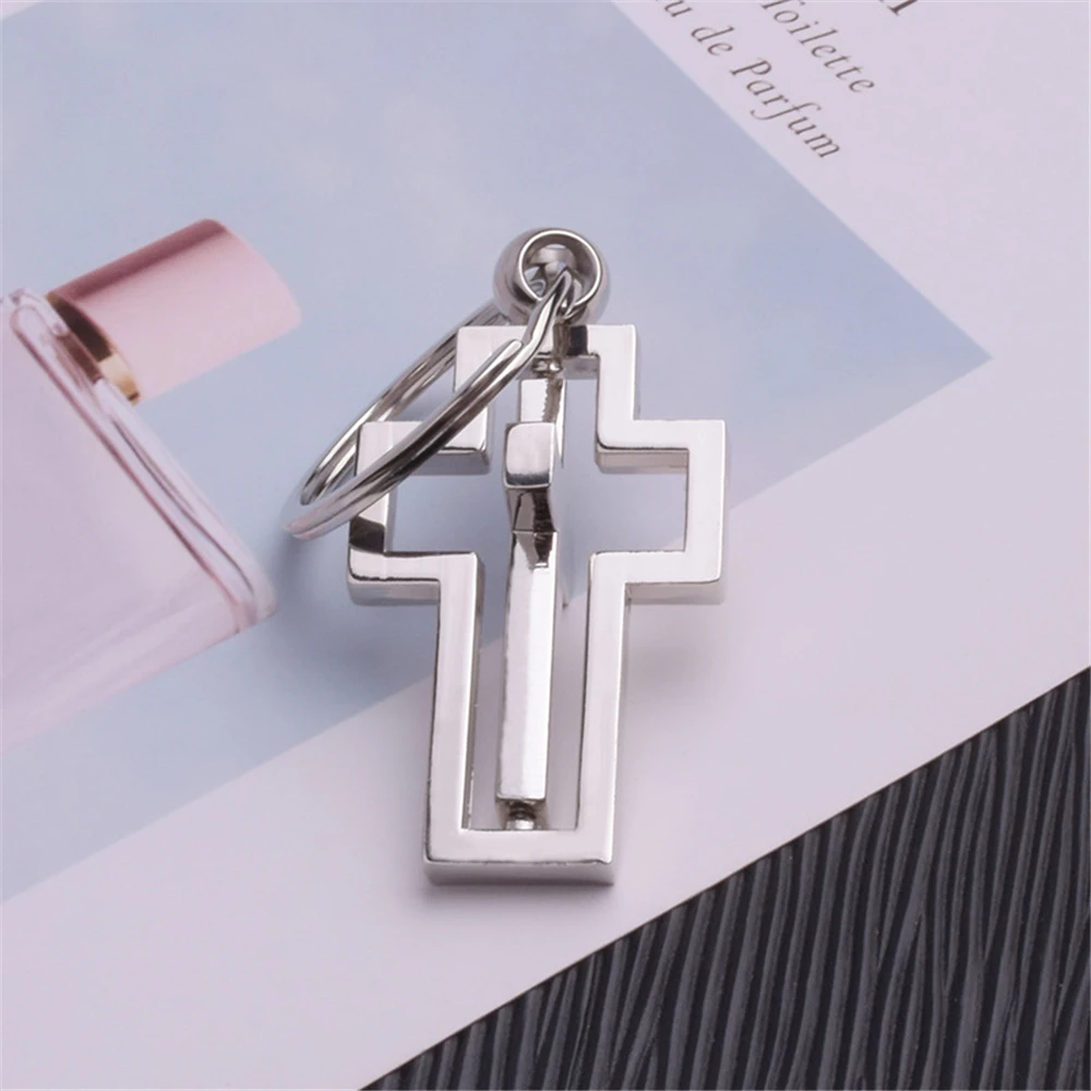 Metal Cross Keychain Hollow Jesus Rotating Key Chains Bag Pendant Religious Door Car Key Ring Religious Gift For Christians images - 6