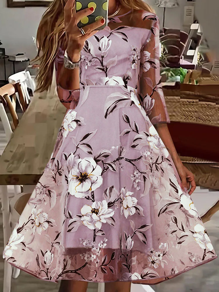 

Summer Elegant O-Neck Long Party Dresses Casual 3/4 Sleeve Loose Dresses Women Mesh Splicing Floral Print A-Line Dress Vestidos