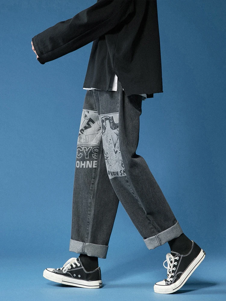 Jeans Men's Fashion Anime Print Trend Wild Loose Straight Wide Leg Pants Streetwear Men's High Street Clothing штаны мужские