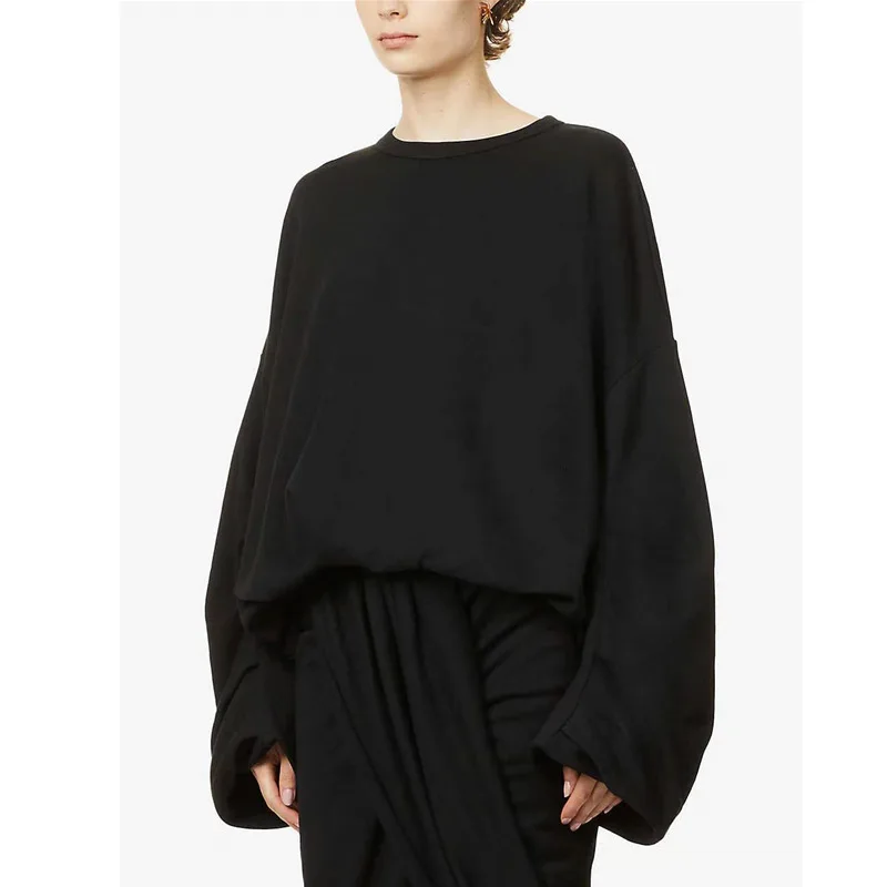 

Early Autumn Thickened Round Neck Loose European and American Design Short Double layer Pleated Greay Black Sweatshirts