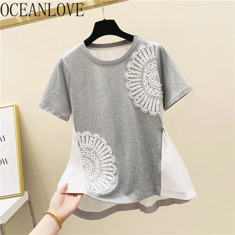 

Футболка женская кружевная в стиле пэчворк, винтажная Свободная рубашка в Корейском стиле, с асимметричным подолом контрастных цветов, с бисером, на лето