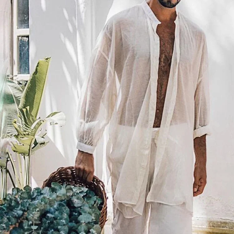 

2022 European And American Men's Long-sleeved Shirts Stand Collar Loose Long-sleeved Shirts