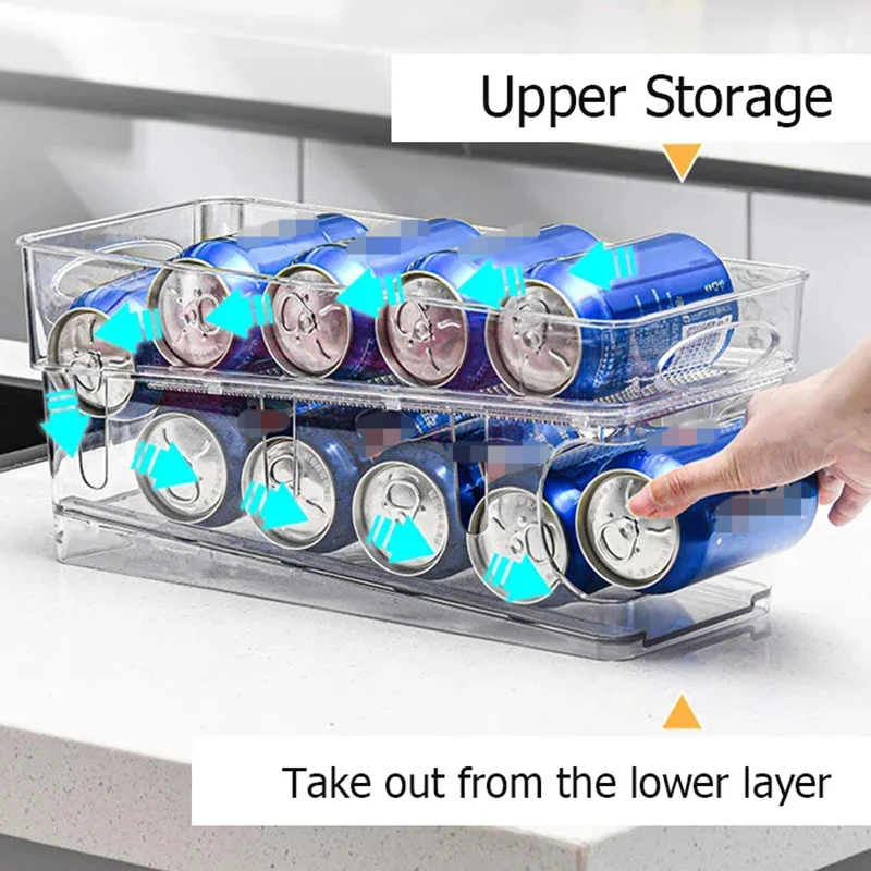 

Bins Soda Can Beverage Bottle Holder for Fridge Kitchen Plastic Storage Rack 1/2-Tier Rolling Refrigerator Organizer Container