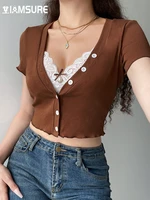 iamsure patchwork fake 2 piece cropped t shirt sweet see through lace v neck short sleeve tees women 2022 fashion summer casual