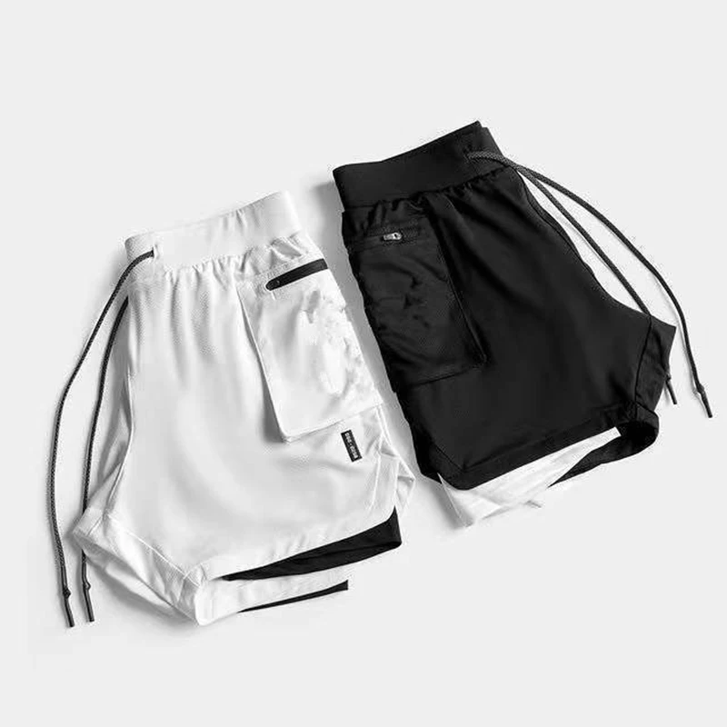 

Мужские шорты для бодибилдинга с несколькими карманами, двухуровневые спортивные шорты для тренировок в тренажерном зале и бега, вентилиру...