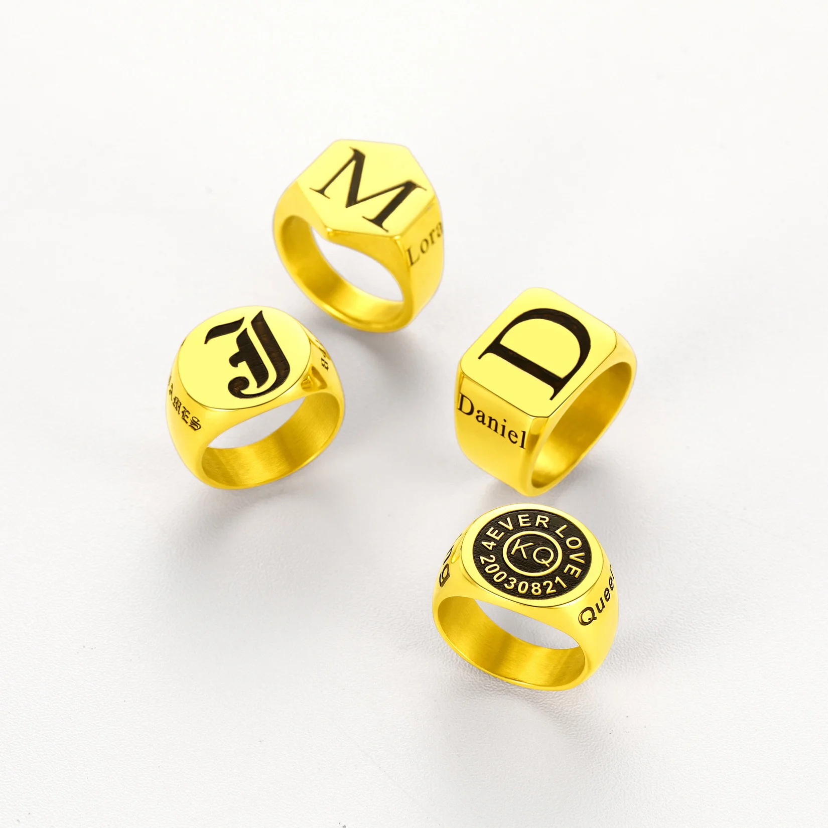 U7 Laser Engrave Upper Case Initial Letter Rings Round Hexagon Square Stainless Steel Name Signet Ring Custom Team Family Jewels