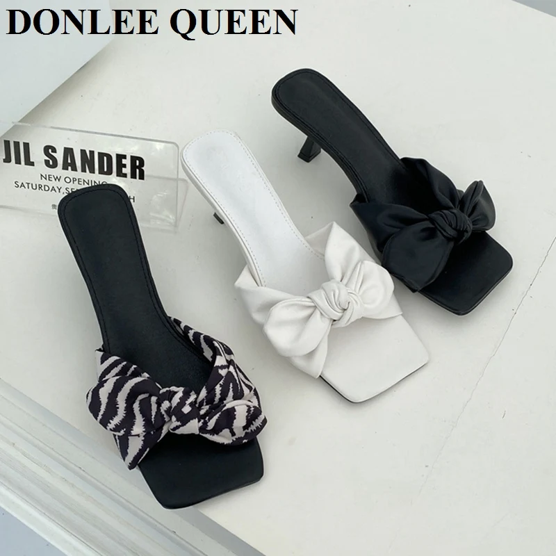 

2022 Summer New Brand High Heels Slides Slippers Women Fashion Zebra Flip Flops Elegant Slip On Mule Shoes Bow Knot Sandal Mujer