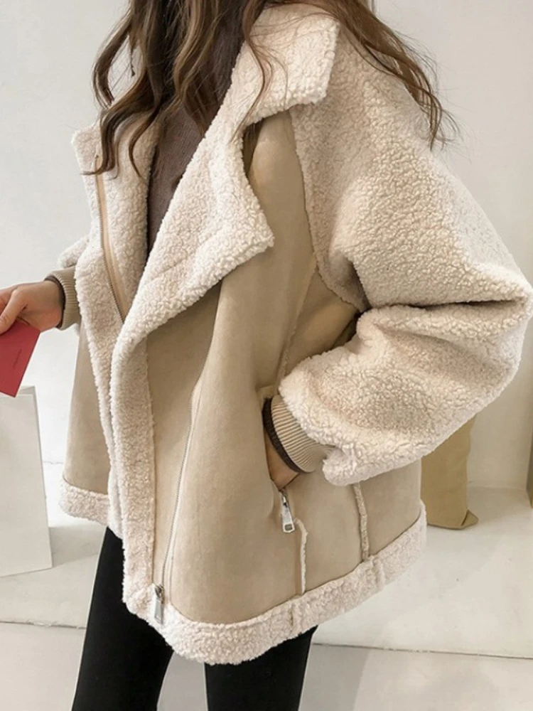 

Winter Clothes Women 2023 New Outerwear Lapel Zipper Long Sleeve Faux Fur Suede Jackets Coats Korean Fashion Women Clothing Tops