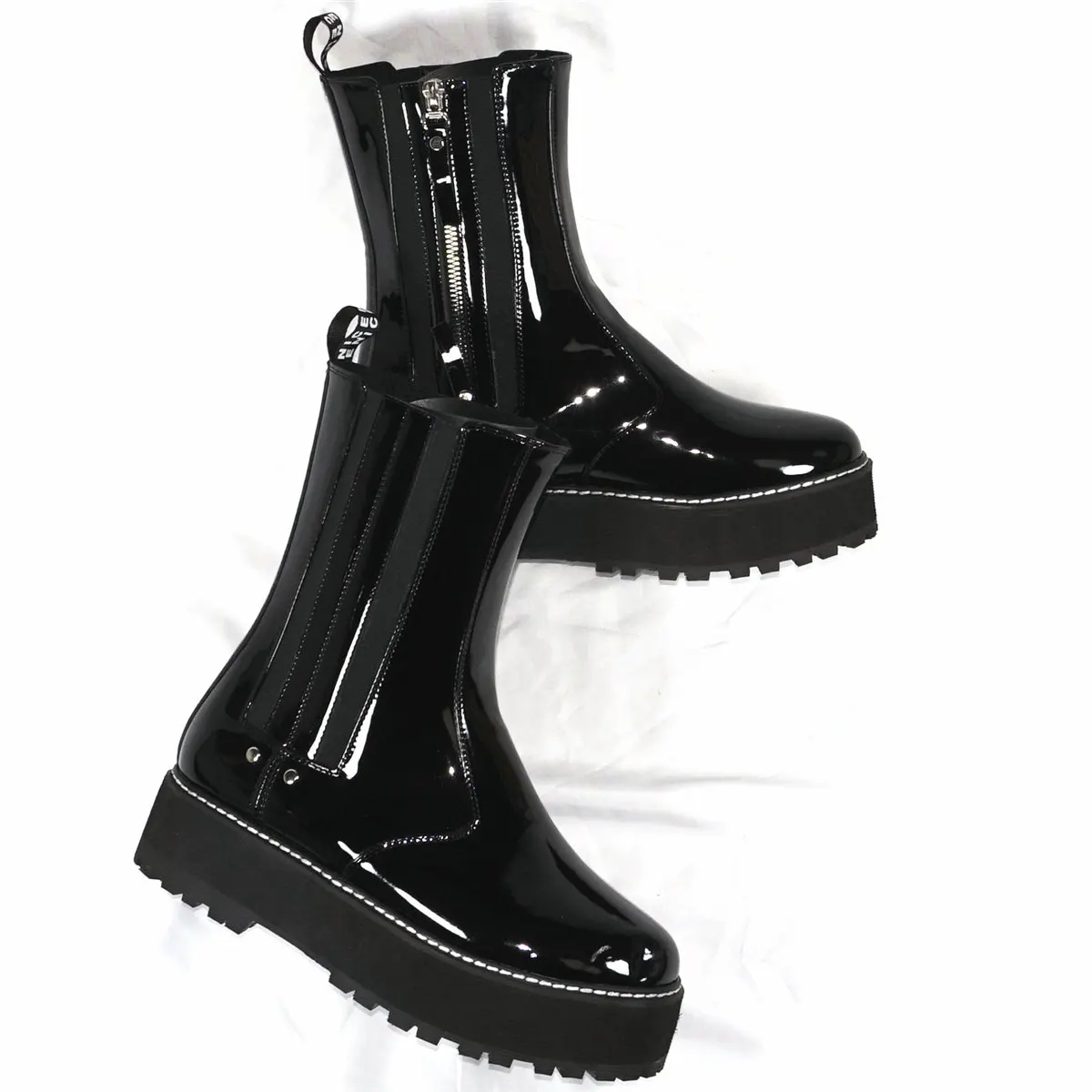 Flat With Med Heels Creepers Women Black Patent Leather Platform Pumps Female High Top Round Toe Fashion Sneakers Casual Shoes